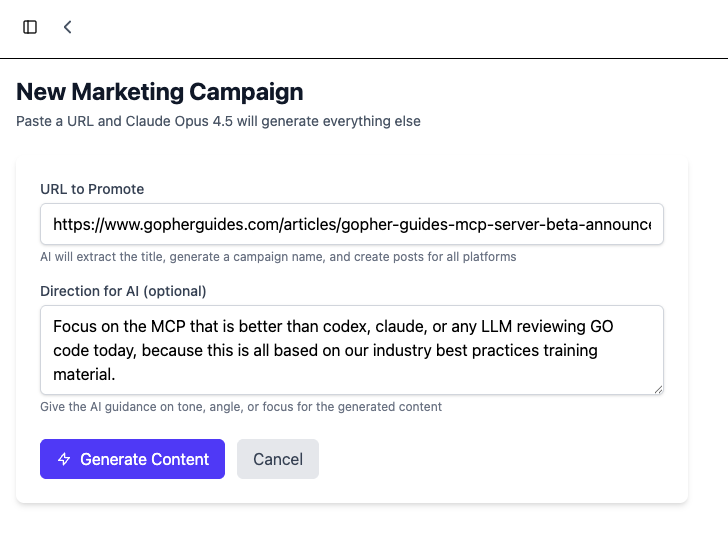 New campaign creation: paste a URL and Claude Opus 4.5 generates platform-optimized content